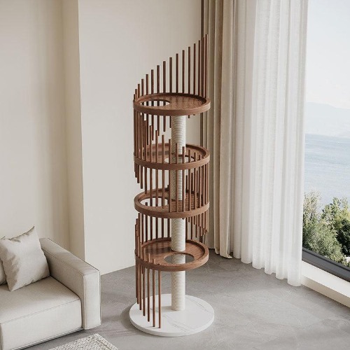Spiral Art Solid Wood Cat Climbing Frame Tree | MEW00563 / Walnut / 5 Layers - Free Lights(60*60*210cm)