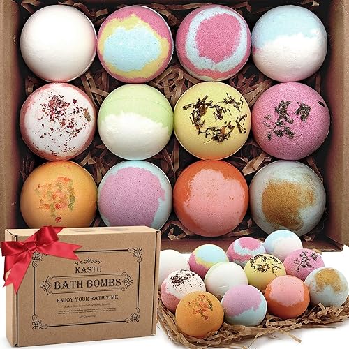 KASTU Bath Bombs Salt Balls,12 PCS Gift Set,Vanilla Menthol Rose Extract Essential Oils,Moisturizing Dry Skin,Fizzy Spa,Relaxing,Bubble Bath Bomb Gifts Idea for Men Women - 12 Pack - Large Box