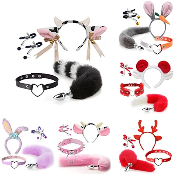 4 Pcs Set Fun Cow Sheep Antelope Rabbit Sexy Maid Tie Ear Hairpin SM Metal Tail Anal Plug. Cosplay Neck Chest Bondage Accessories Sex Toy for Women Female Men Male Unisex (Cow Black)