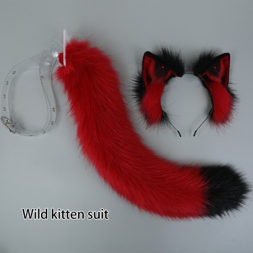 Red Wool Kitten Tail & Ears - Red Black