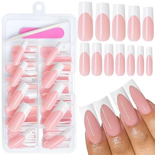 AddFavor 120pcs White French Tip Press on Nails Long Square Fake Nails Nude False Nails Tapered Square French Press ons Nail Acrylic Artificial Nail with Adhesive Tab for Women Girls - Long Sqaure