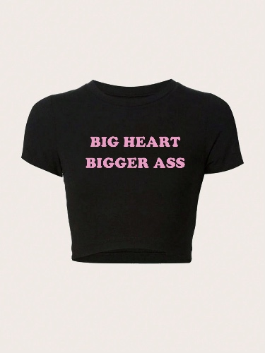 SHEIN EZwear Plus Size Slogan Printed Short Sleeve T-Shirt, BIG HEART BIGGER