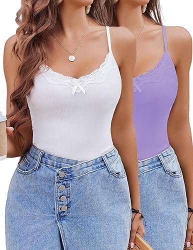 Avidlove Womens Camisoles 2-Pack Tank Top V Neck Undershirts Adjustable Spaghetti Strap Cami Tops - White/Lilac - XX-Large