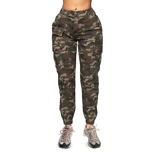 Double Denim January 5th Women's High Waist Cargo Jogger Pants Casual Elastic Waistband Tapered Sweatpants with 6 Pockets - Camo - 2X
