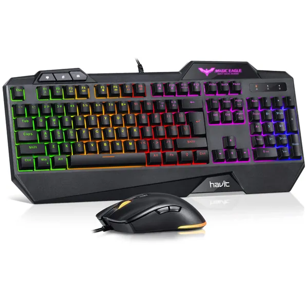 havit Wired Gaming Keyboard Mouse Combo LED Rainbow Backlit Gaming Keyboard RGB Gaming Mouse Ergonomic Wrist Rest 104 Keys Keyboard Mouse 4800 DPI for Windows PC Gamers (Black) - Black