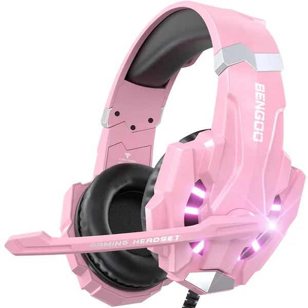 BENGOO G9000 Professional Gaming Headset for PS4, PC, Xbox One Controller, Noise Cancelling Over Ear Headphones with Mic, LED Light, Bass Surround, Soft Memory Earmuffs for Laptop Nintendo - Pink - Pink