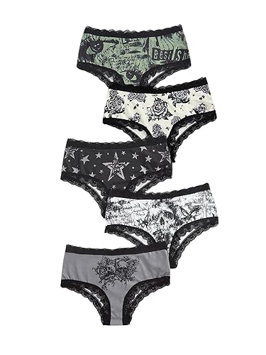 WDIRARA Women's 5 Pack Set Goth Graphic Print Mesh Sheer Lace Trim Mid Rise Underwear Briefs - Medium - Multicolor Black