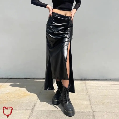 "Faux Leather Asymmetrical Skirt" - Black / S