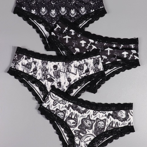 4pcs Lace Trim Briefs, Gothic Skull &amp; Mushroom &amp; Ghost Print Intimates Panties, Women&#39;s Underwear &amp; Lingerie