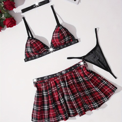 Hot Color Block Grids Cosplay Costume, Heart Ring Lace Trim Plunge Bra &amp; Skirt &amp; Choker, Women&#39;s Sexy Clothing