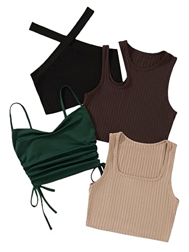 Milumia Women's 4 Piece Ribbed Knit Cut Out Drawstring Sleeveless Crop Tank Tops Set - Large - Multicolor