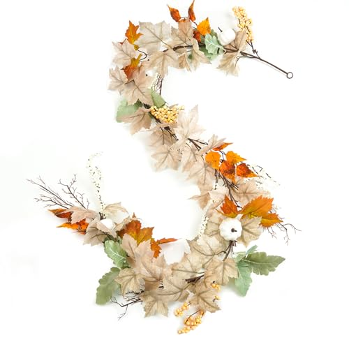 Miaikoe 6FT Fall Garland Maple Leaf, Hanging Berry Vine Pumpkins Artificial Autumn Foliage Garland for Fall Thanksgiving Halloween Season Fireplace Decorations (White&Brown) - White&Brown