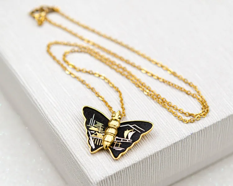 Vintage black butterfly necklace Japanese Damascene pendant Amita necklace