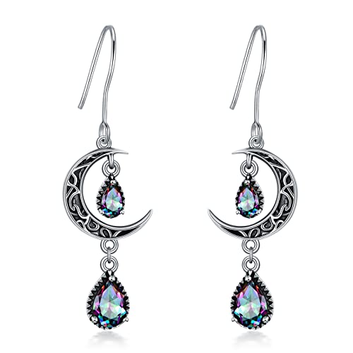 VONALA Moon Earrings for Women 925 Sterling Silver Celtic Moon Dangle Drop Earrings Emerald / Amethyst / Ruby / Sapphire/ Pink / Peridot / Aquamarine / Citrine / Black / Rainbow Topaz Dangling Earrings Celtic Jewelry Gifts for Women Teens Girls - Multicolor