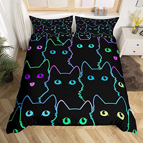 Cartoon Cat Bedding Set for Girls Boys Children Pet Cats Comforter Cover Cute Kitten Neon Light Duvet Cover Colorful 3D Animal Cat Lover's Double 3Pcs - Double - Multicoloured 001