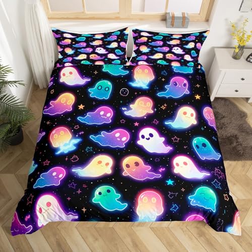 Neon Spooky Animal Bed Set for Kids Toddler Gradient Ghost Duvet Cover, Glowing Singlekle Stars Double Bedding Sets Halloween Theme Comforter Cover, Happy Festival Present Bed Cover - Double - Multicolor
