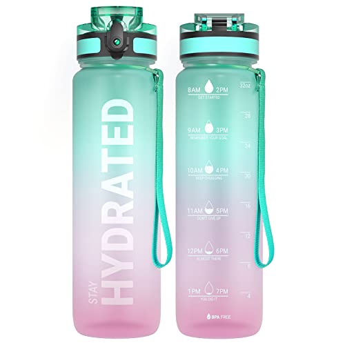 Sahara Sailor Water Bottle, 1000ML Motivational Sport Drinks Bottle with Times to Drink & Lock Cover, Leak Proof, BPA Free, for Gym, School, Cycling (1 Bottle) - 32oz/1000ml - Bubble Gum