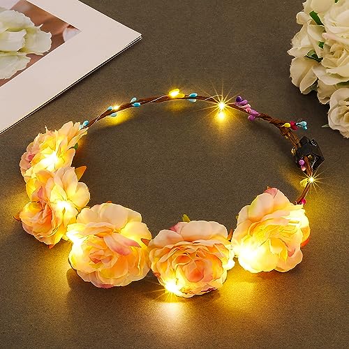 Fashband Flower Crown Headbands Light up Wreath Garland Headband Glow Hair Accessories Party Headdress for Women and Girls (Yellow) - Yellow
