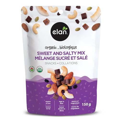 Elan Organic Sweet & Salty Mix, 150g, Non-GMO, Gluten-Free, Vegan, Kosher, Vegan Dark Chocolate, Dried Fruits (Raisins, Dates), Nuts (Roasted Cashews, Roasted Almonds) & Pumpkin Seeds - 150 g (Pack of 1)