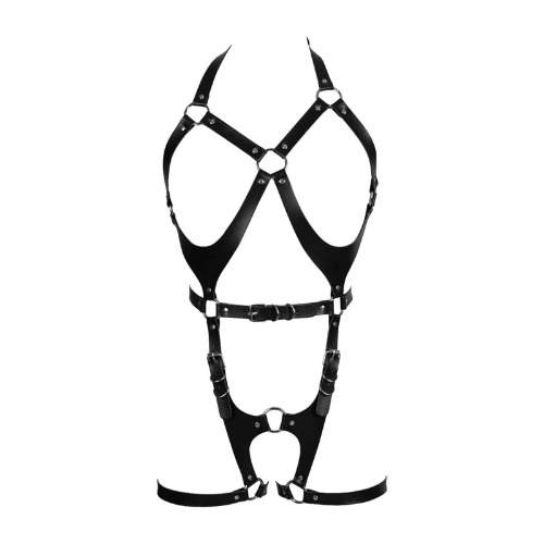 Women Punk Leather Body Harness Lingerie Leg Straps Chest Caged Belt Set Goth Punk Clothing - Black