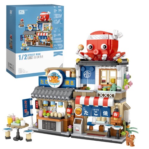Japanese Street View Takoyaki Shop Mini Building Blocks, MOC Creative Japanese Toys for Girls 6-12 Years Old, 722 Pcs Simulation Architecture Construction Toy (Not Compatible with Lego)