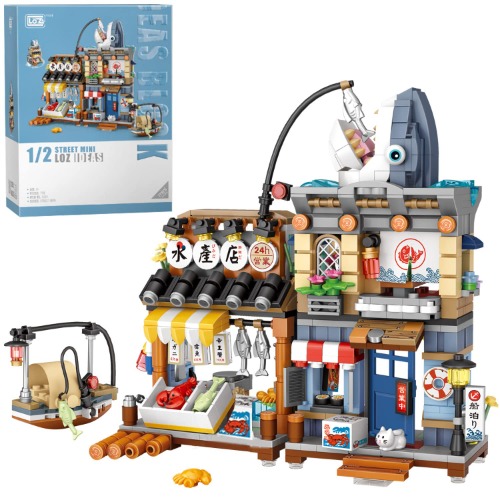 Japanese Street View Seafood Store Mini Building Blocks, MOC Creative Japanese Toys for Girls 6-12 Years Old, 790 PCS Simulation Architecture Construction Toy (Not Compatible with Lego)
