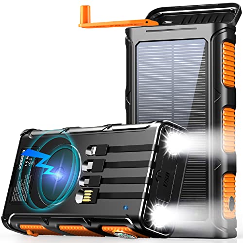 GOODaaa Power Bank Wireless Charger 45800mAh Built in Hand Crank and 4 Cables 15W Fast Charging Power Bank 7 Outputs & 4 Inputs Solar Portable Charger, SOS/Strobe/Strong Flashlights, Compass - Orange