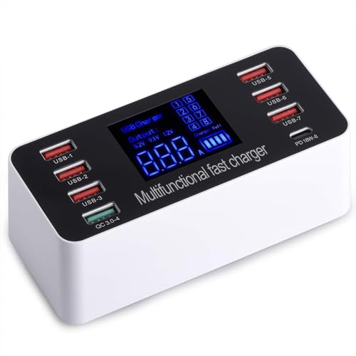 Charging Station for Multiple Devices, 8 Ports USB Charging Dock with QC3.0/PD18W USB-C Fast Charging Station for Multiple Devices Apple, Compatible with Ipad/MacBook Pro/Air, iPhone/Galaxy, Ect