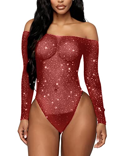 RSLOVE Body Femme Sexy Lingerie En Filet Complet Sous-Vêtements en Dentelle Chemise de Nuit Transparent - Taille unique - Rouge Vin