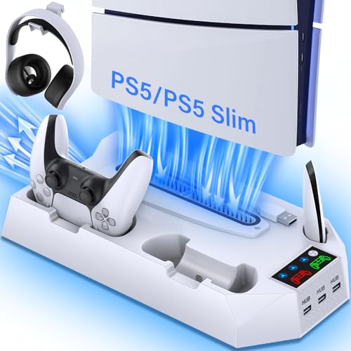 PS5 Slim Stand and Cooling Station with Controller Charging Station for Playsation 5 Slim&Standard Disc/Digital Console, PS5 Accessories Incl. Controller Charger/Turbo Fan/3 USB Hub/Headset holder - WORK WITH PS5 Slim and PS5