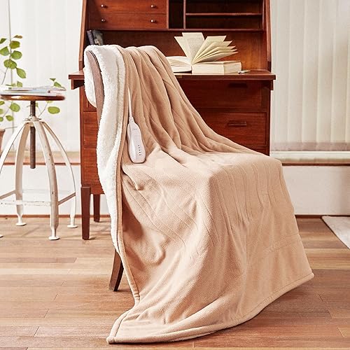 Heated Blanket-Electric Blanket,50"x60" Soft Heated Throw Blanket with 5 Heating Levels & 3 Hours auto-Off,Over-Heat Protection Fast-Heating,Machine Washable(Almond) - Almond - 152L×127W Centimeters