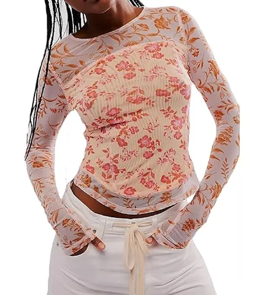 Women Floral Mesh Shirt Top Long Sleeve Sheer Layering Tops Sexy Slim Fit See Through Lace Undershirt - Orange - Small
