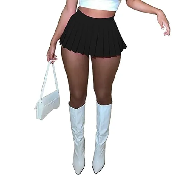 Women's Mini Pleated Skirts Sexy Club Y2k High Wiast Stretchy Tennis Skater A-line Skirt - Small - Black