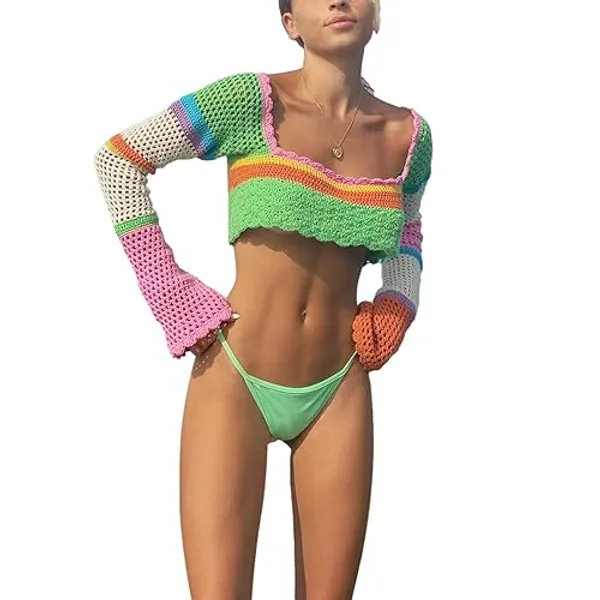Women Y2k Long Sleeve Knit Crop Top Casual Color Block Crochet Cropped Sweater Tops Square Neck Knitwear - Small - Green