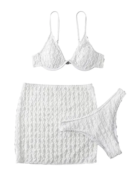 SOLY HUX Bikini Sets for Women 3 Piece Swimsuits Underwire Bikini Bathing Suit with Beach Skirt Cover Up - Small - White