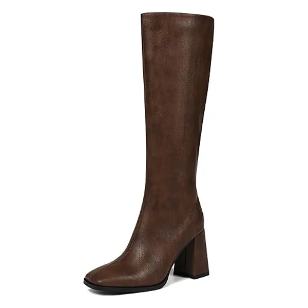 Wetviro Square Toe Knee High Boots Women Chunky Block Heel Dress Tall Boots for Women High Heel GoGo Long Boots - 6 - Brown
