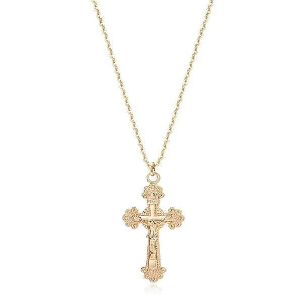 Fettero Cross Necklace Faith Pendant 14K Plated Dainty Chain Minimalist Simple Tiny God Lords Prayer Religious Jewelry - Crucifix Cross