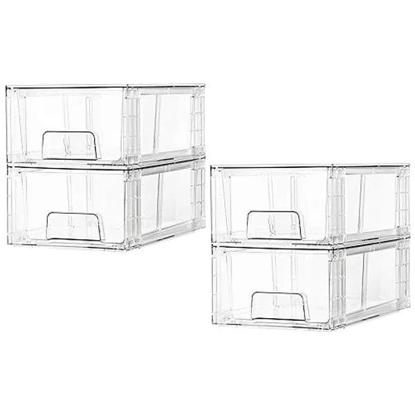 4 Pack Stackable Storage Drawers,Clear Acrylic Drawer Organizers with Handles, Easily Assemble for Fridge, Bathroom,Kitchen Undersink,Cabinet,Pantry Organization and Storage - 4