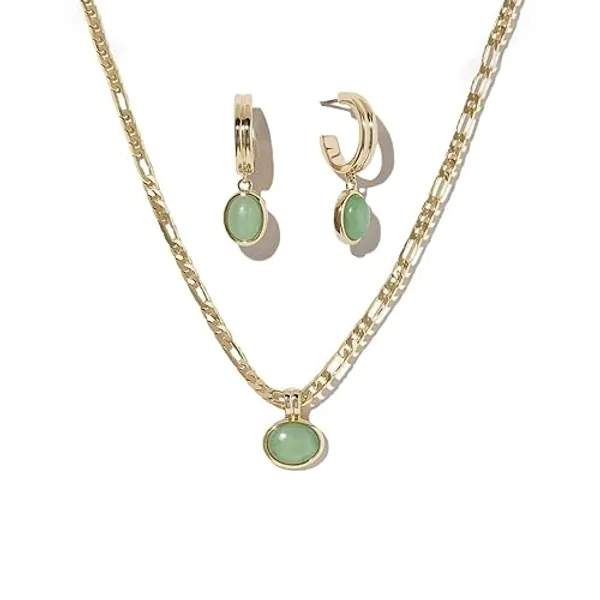DISTANT DRUMS Simple Natural Green Aventurine Stone Jewelry Set for Women,Hoop Earrings,Bracelet,Necklace,18K Gold-plated Spiritual Gift,Fortunate Stone Jewelry, Layered Necklace,Choker Necklace - Hooping Earrings & Necklace