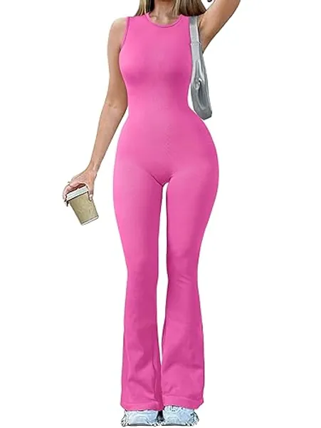 OQQ Women Yoga Jumpsuits Ribbed Crew Neck Sleeveless Bell Bottoms Flare Jumpsuits - X-Large - Rose