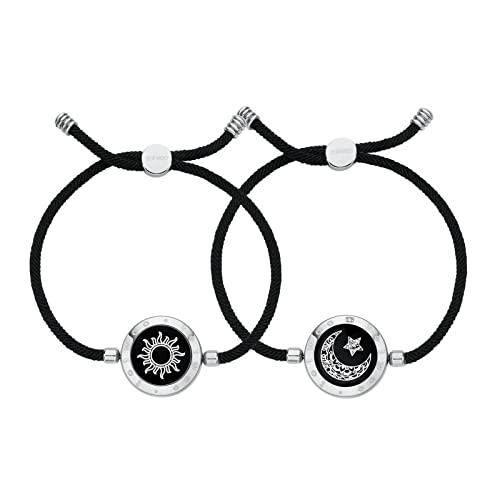 TOTWOO Pärchen Armband Paar Geschenke Partnerarmbänder mit Berührung Fernbeziehungsgeschenk für lange Distanzen Pärchen Liebes Geschenke Vibration&Aufleuchten Bluetooth Pairing Schmuck, Sonne und Mond - Milaneseil-Silber+Silber