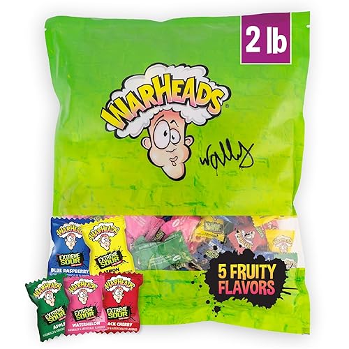 WARHEADS - Extreme Sour Hard Candy - Sour Apple, Black Cherry, Blue Raspberry, Lemon & Watermelon Flavors - 2 lb. Bulk Bag
