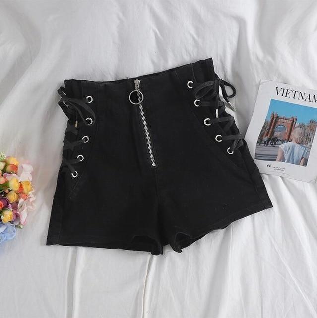 Denim Shorts with Corset Detail - Black / L