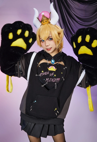 Hime Derivative Gothic Style Black Pullover Hoodie with Detachable Bag Design Furry Paw Gloves Sweatshirt with Tail