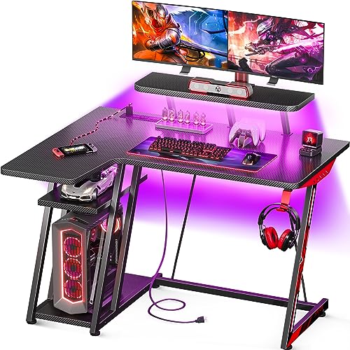 MOTPK L Shaped Gaming Desk with LED Lights & Power Outlets, Small Gaming Computer Desk 39inch with Storage Shelf, Corner Desk with Carbon Fiber Texture, Gamer Desk Gaming Table, Black - 39 Inch (Left Corner) - Black Led