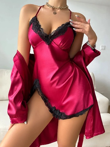 Solid Satin Pajama Set Long Sleeve Robe With Belt & Contrast Lace V Neck Slip Dress Women's Sleepwear - Red / S