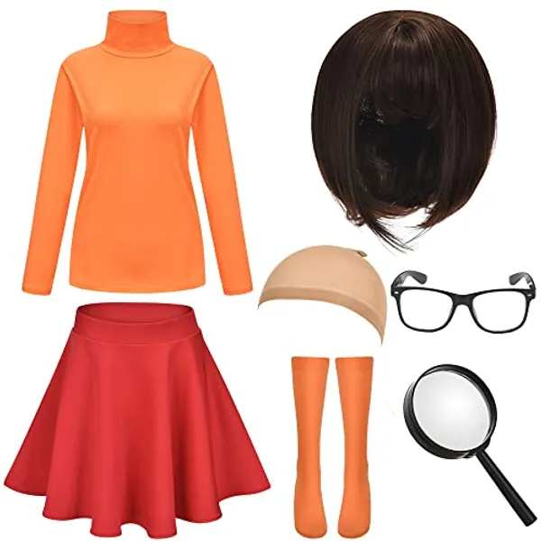 HMPRT Halloween Deluxe Adult Costume for Women,Brown Bob Wig,Turtleneck Top,Skater Skirt,Magnifying Glass,Socks and Glasses