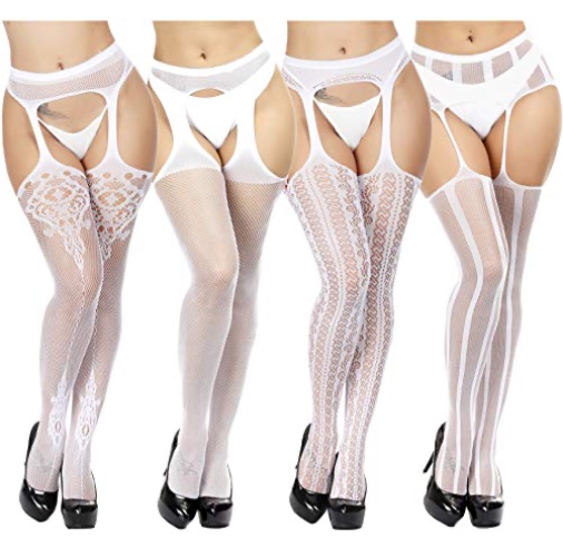 TGD Fishnet Stockings Tights Sexy Suspender Pantyhose for Women Thigh High Stocking Colors 4 Pairs - 6-16 - White0357(4 Pairs)