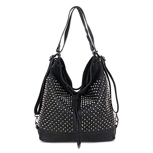Over-size Studded Bucket Bag for Women and Men Backpack Punk Rivet Shoulder Bags - Black