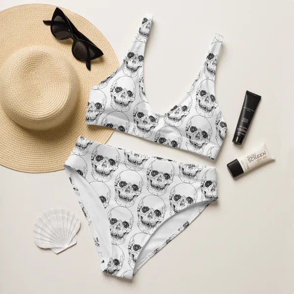 Black Skull Pattern Recycled High-Waisted Bikini
